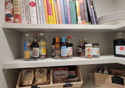 Pantry, turntables, cookbooks, organizing containers